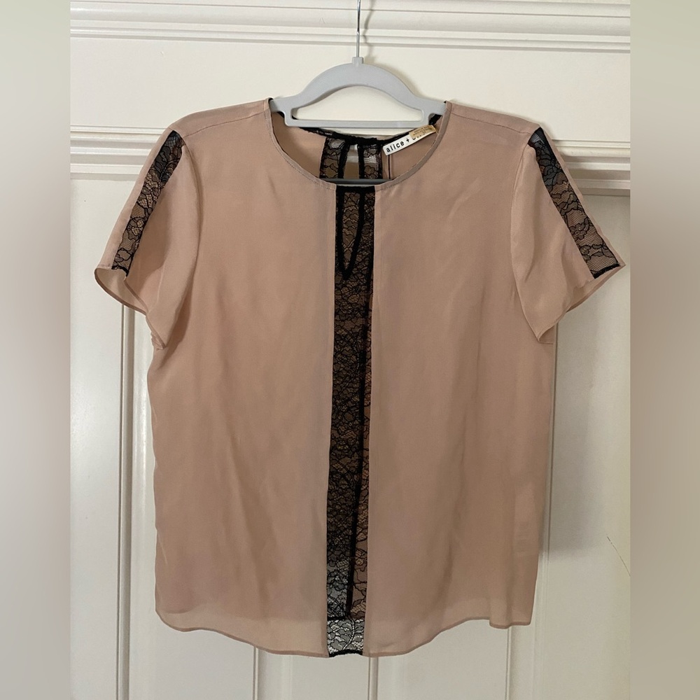 Alice & Olivia blush pink silk top with black lace NWT